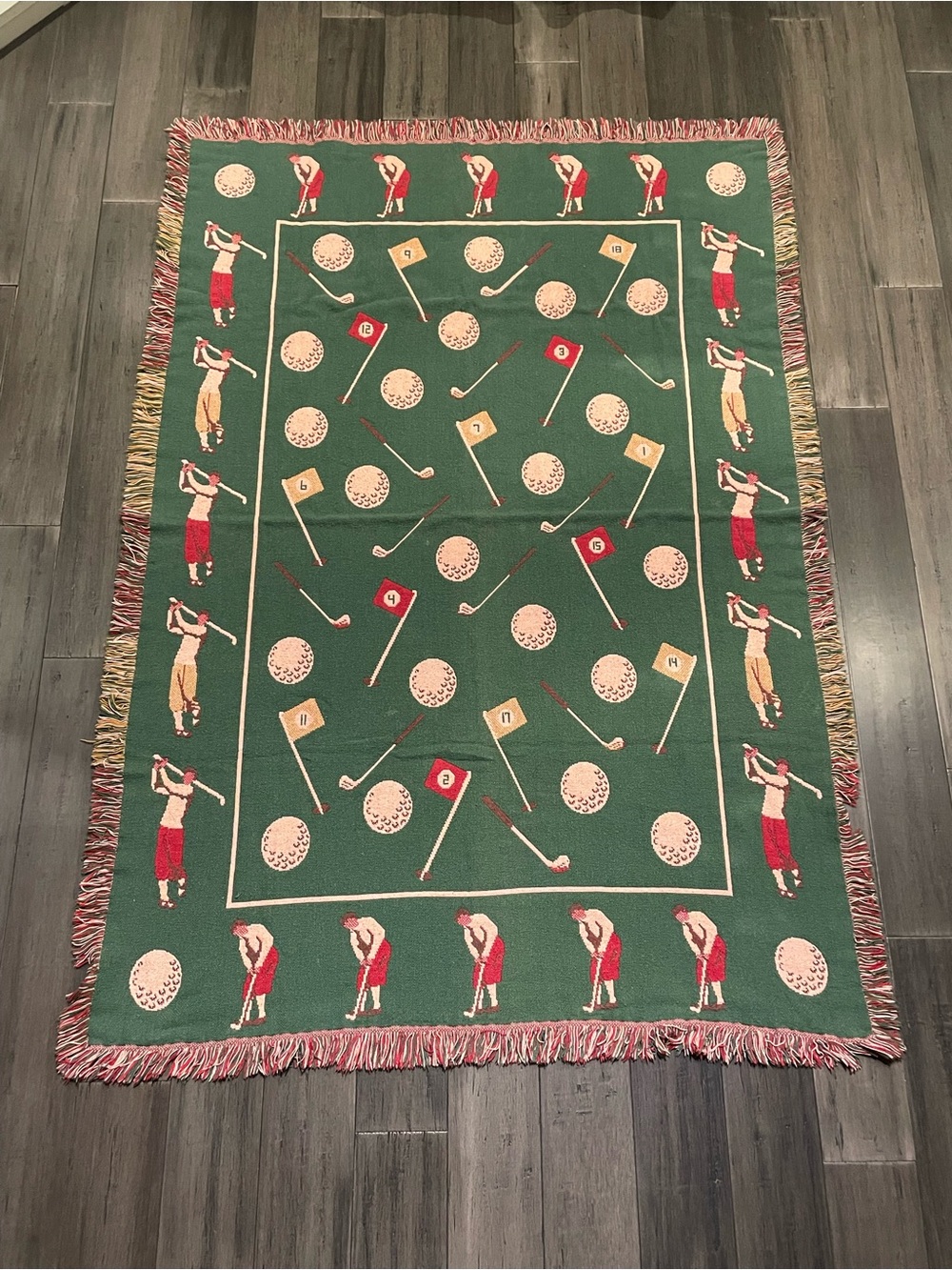 Vintage Golf Woven Throw Blanket Afghan Fringe Golf Ball Club Flag Golfer 70x40